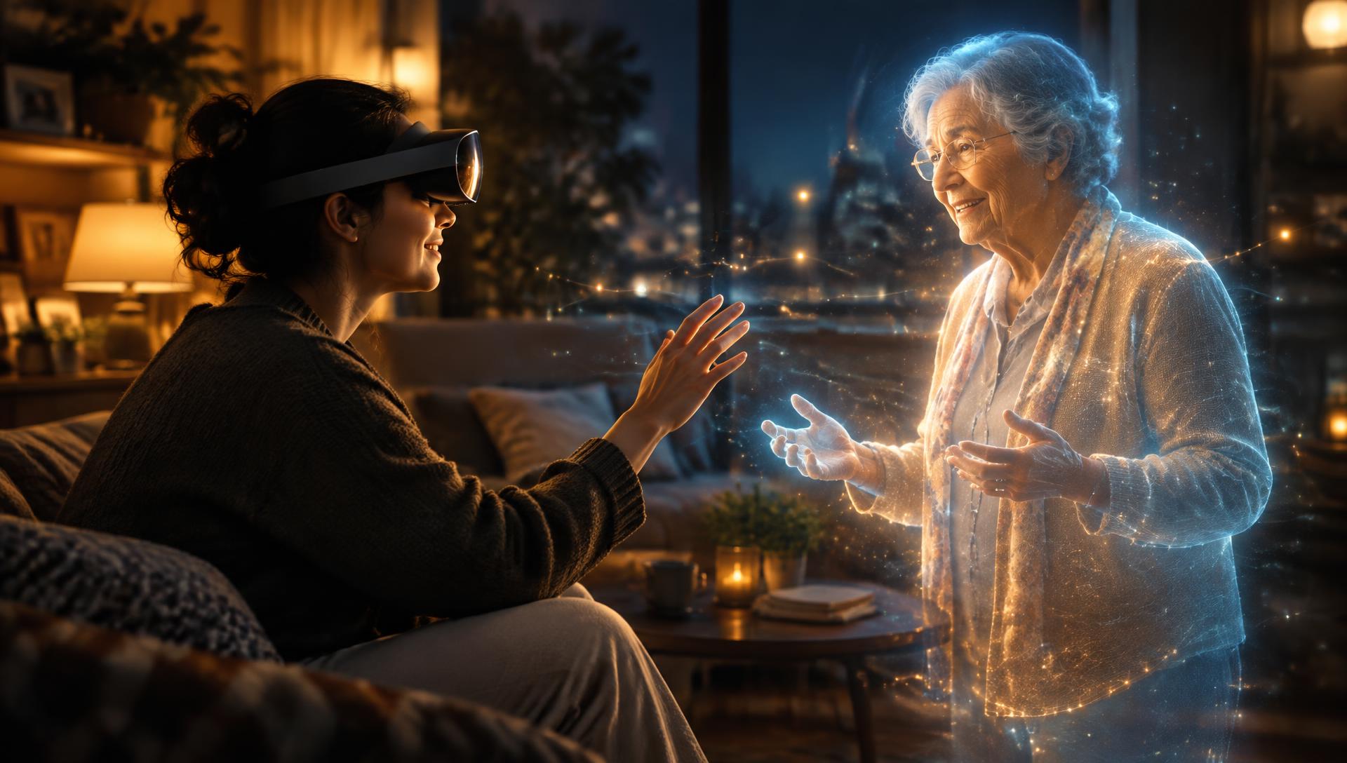 Illustration of a person in an XR headset talking with a lifelike AI avatar of a loved one