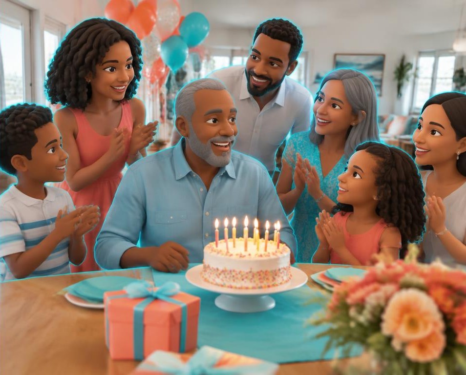 Illustrated family avatars reliving birthdays from the capture position