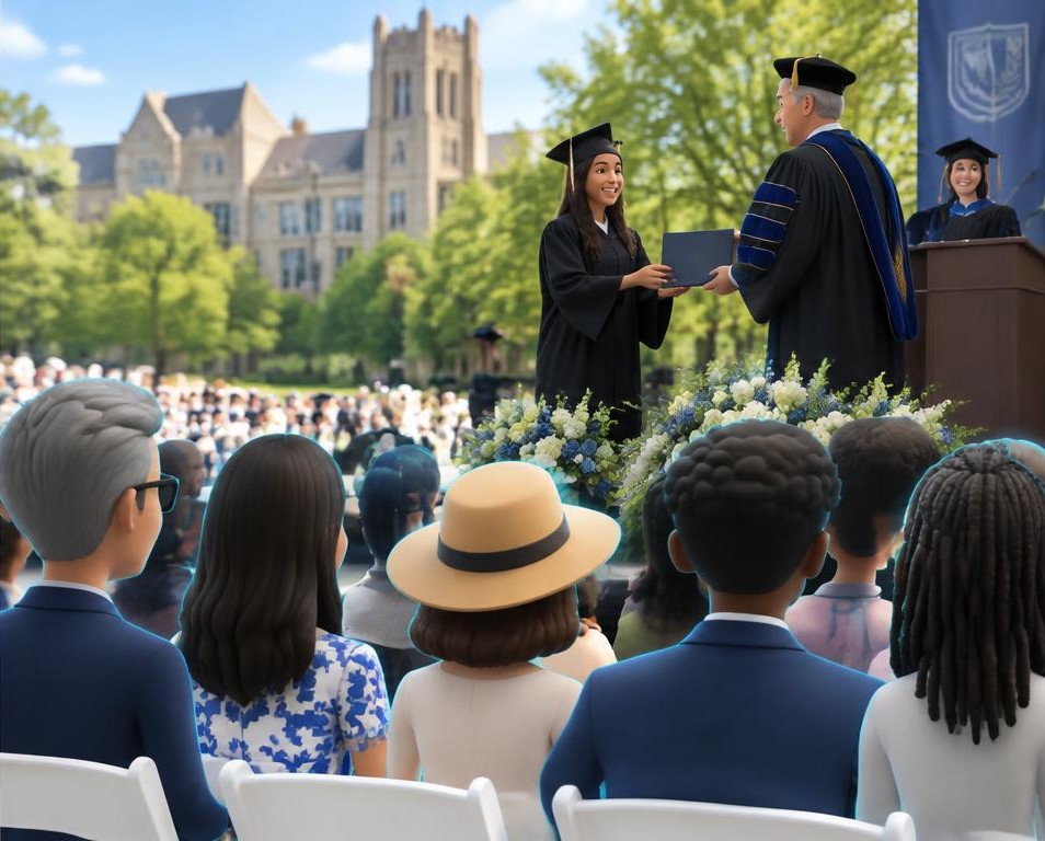 Illustrated family avatars reliving graduations from the capture position