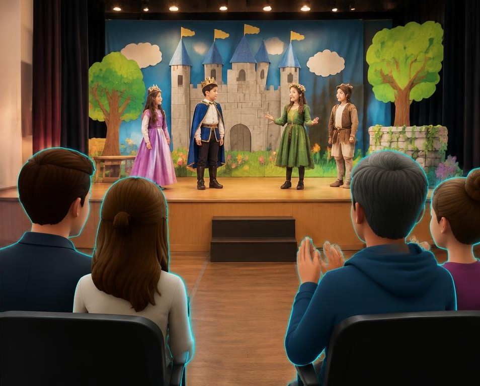 Illustrated family avatars reliving performances from the capture position