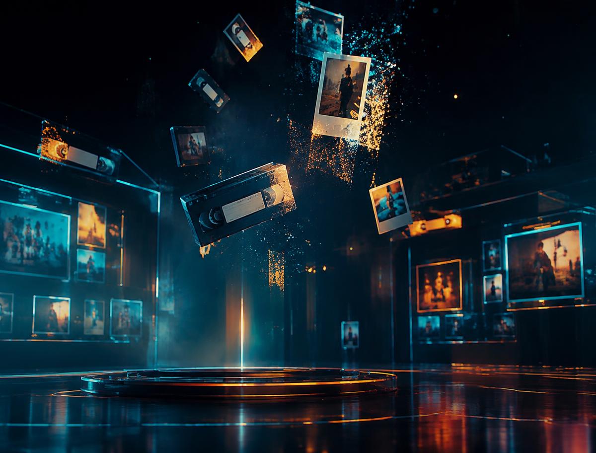 VHS tapes and photos transforming into a 3D memory gallery